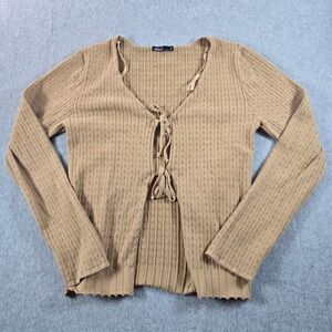 Nikkak Ribbed Lace Up Cardigan Sweater Women's M Tan Beige Cottagecore y2k